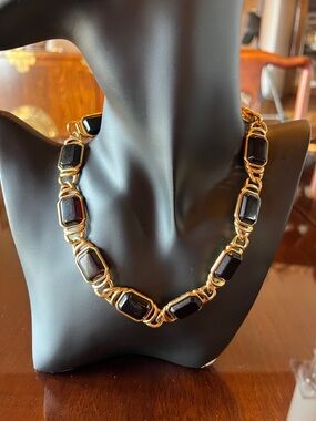 Vintage TRIFARI Gold Choker Necklace, Black Lucite